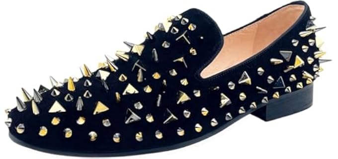 Justar Men's Black Leather Loafers Slippers with Gold Spikes Dress Sho