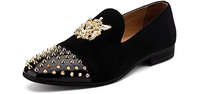 Meijiana Mens Velvet Black Loafers Dress Shoes with Metal Embellishmen