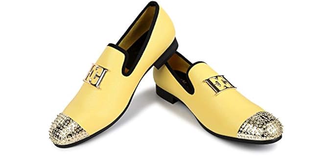 XQWFH Mens Leather Loafers Spiked Dress Shoes with Gold Buckle Penny S